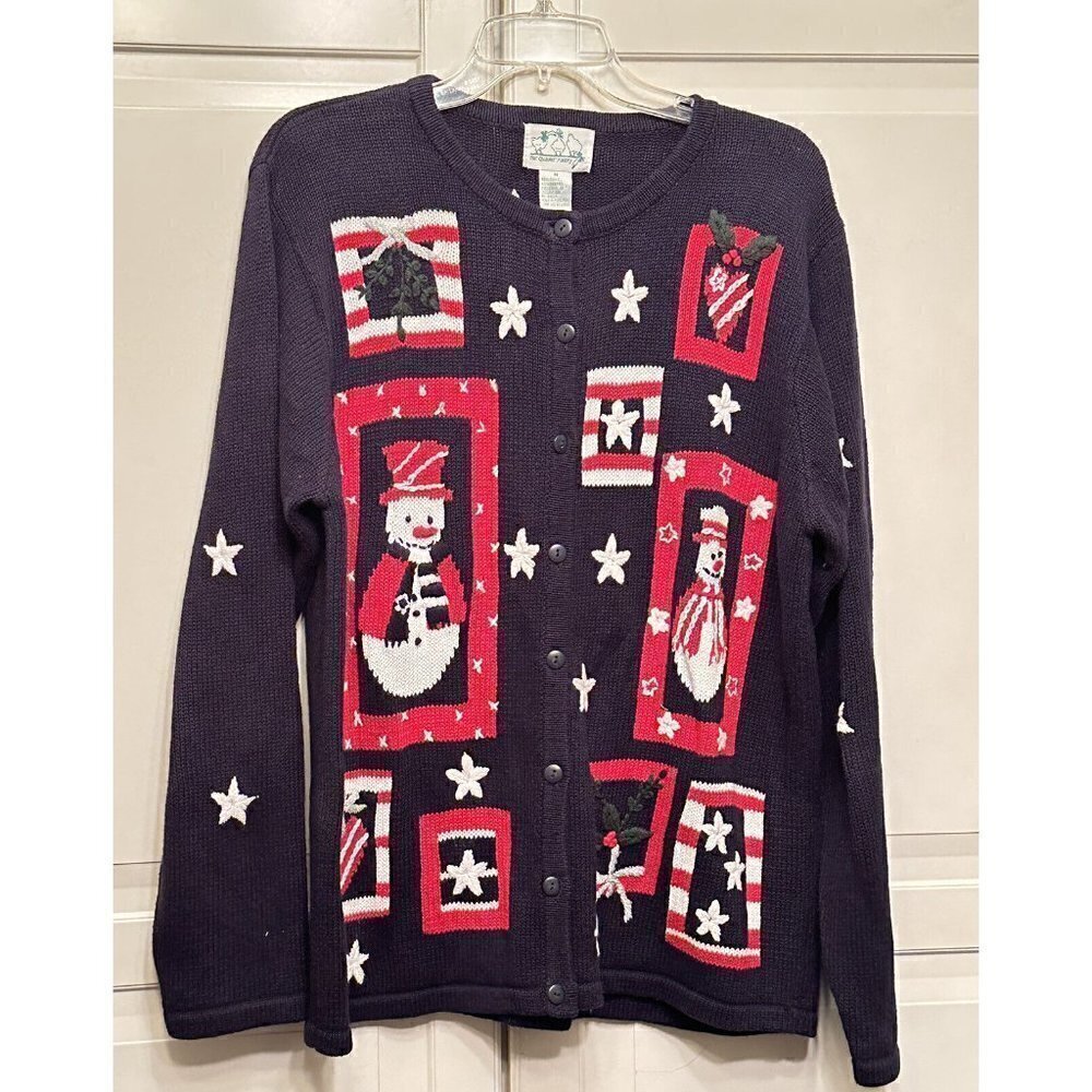 Quacker Factory Womens Medium Patriotic Snowmanβ Cardigan Sweater Red White Blue